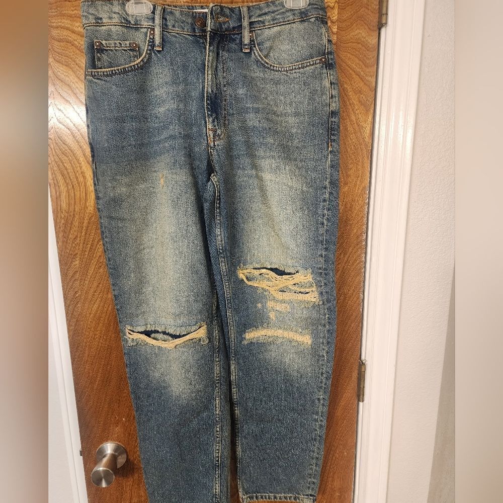 Topman relaxed rip and repair jeans in dark mid wash blue 30x32